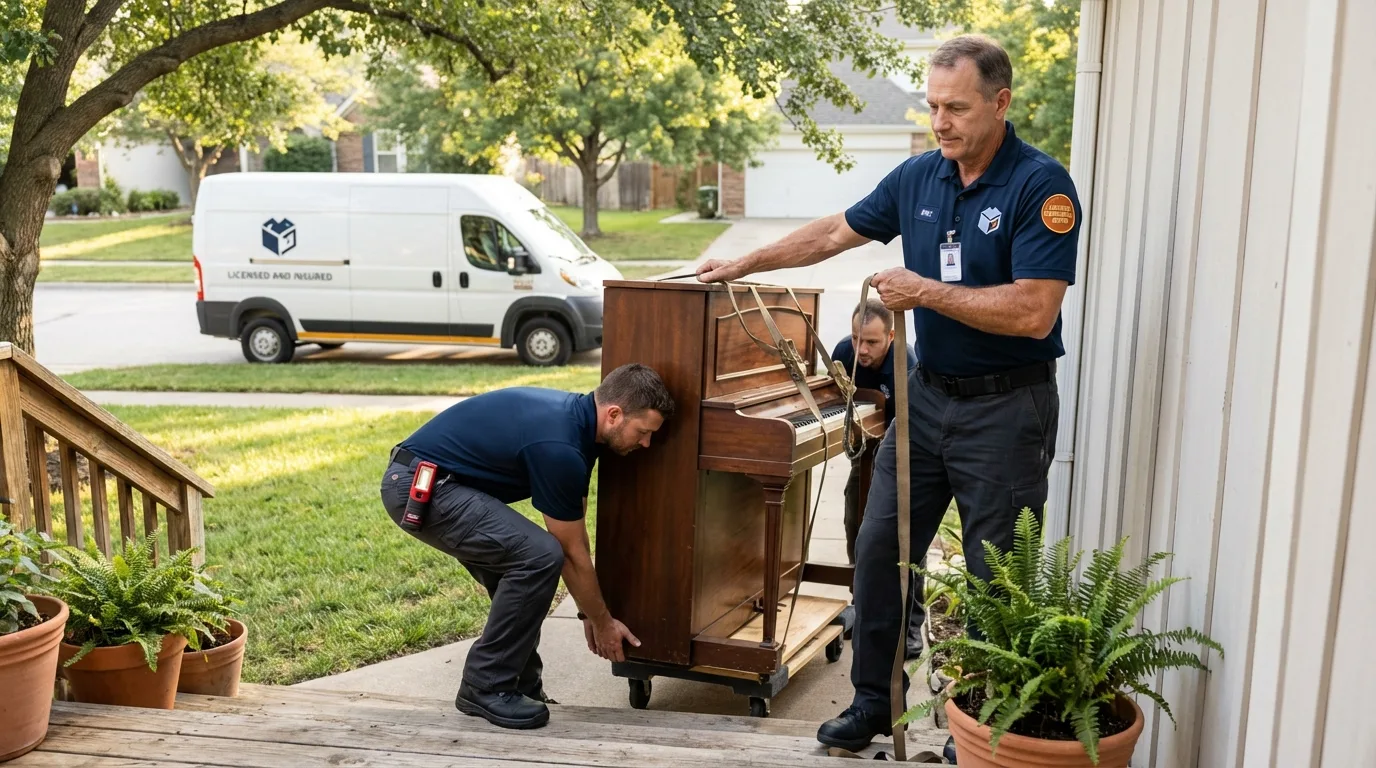 Licensed piano movers securing grand piano in Fairfield, TX